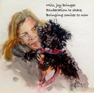 Watercolor of small black hairy puppy in arms of female person.
6" x 6"