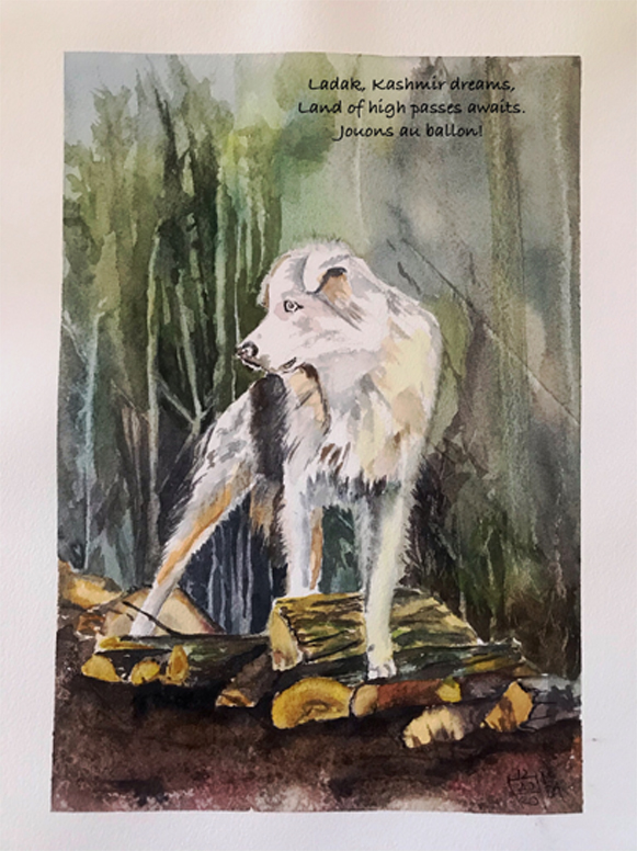 Watercolor, sheepdog on logs with haiku, 7" x 10"