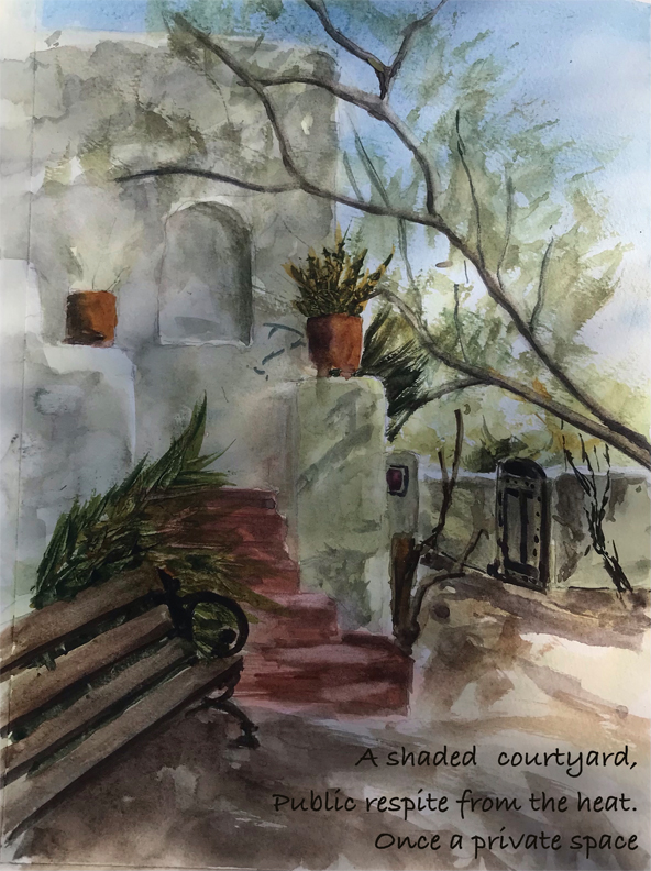 watercolor image of a shady garden courtyard with the corner of a white adobe building on the left. Red stairs lead up to a hidden entrance to the building. An open gate on the right invites exploration