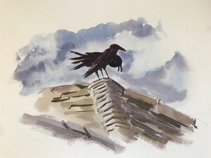 two silhouetted ravens on a roof against a cloudy sky