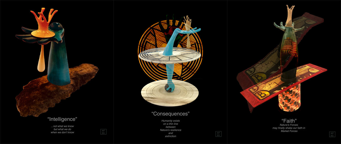 three images of my water use sculptures arranged in a horizontal line, with captions that tell the water story as I see it