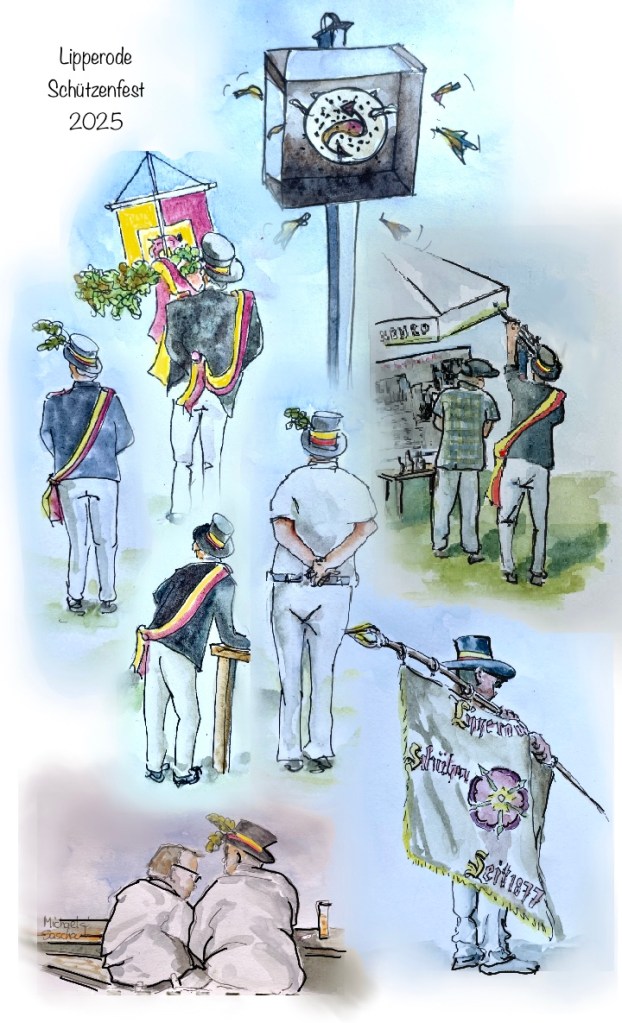 The image shows 6 vignettes of people involved in the activities of the Schützenfest. At the top is the shooting target and bits of wood are flying everywhere after the latest shot. The other pictures are of the backs of people sitting or standing. One image is of one of the flab bearers looking tired and ready to go home